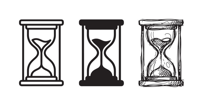 Set of three hourglass icons, featuring a sand timer with a rectangular frame in outline, solid black, and hand-drawn sketch forms.