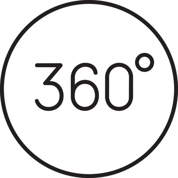 Panoramic degree text inside standard circle shape for virtual reality rotation simple outline vector graphic sign icon
