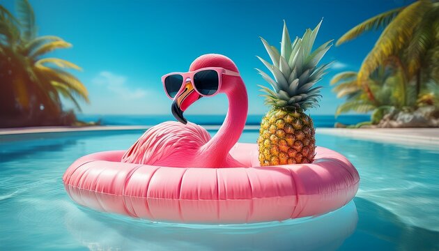 pink inflatable flamingo and pineapple in sunglasses summer pool float party idea summer concept