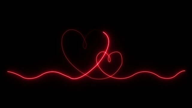 Continuous neon line drawing animation forming two heart shapes on black background.