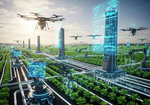Smart agriculture technology with autonomous drones and robotic arms monitoring and harvesting crops in a futuristic hightech vertical farm