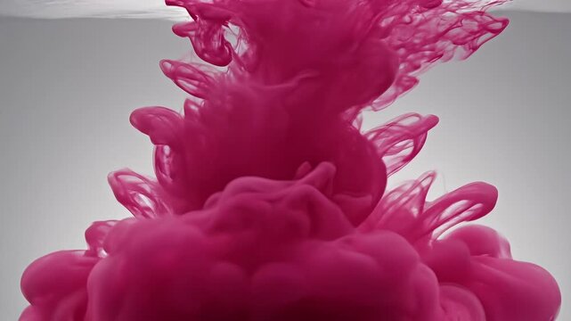 Vibrant pink ink cloud swirls and dissolves in clear water