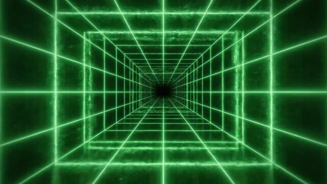 Abstract green digital display grid creates a glowing effect in a tunnel view with lines moving towards a dark center
