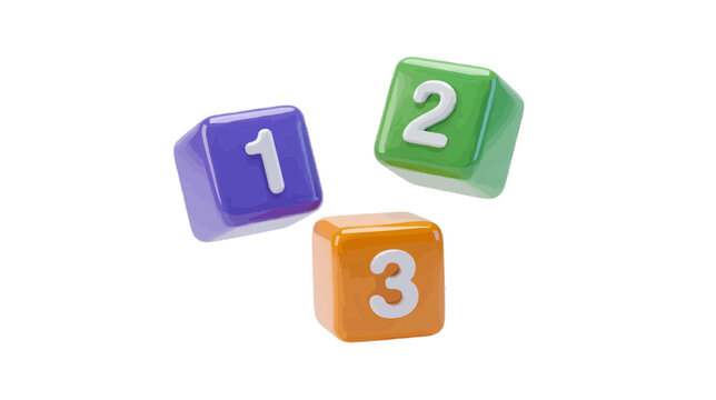 Vector illustration of 3d render of colorful cubes with numbers one, two, and three on a transparent background