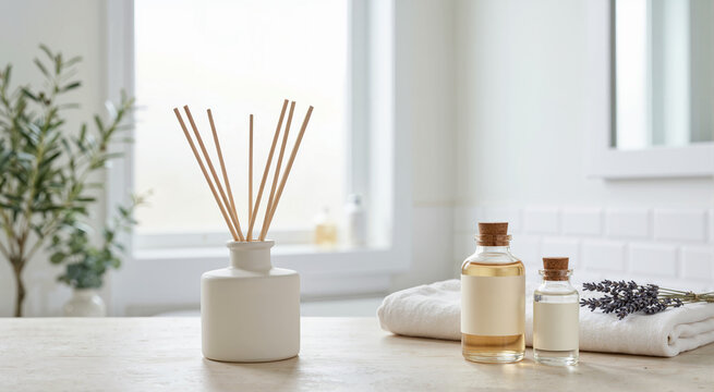 Reed diffuser and essential oil bottles with towel in bright bathroom. Aromatherapy and home fragrance setup. Spa wellness and recreation