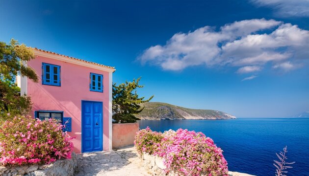 traditional greek house with colorful blue door and pink walls at asos village assos peninsula famous and extremely popular travel destination in cephalonia greece europe