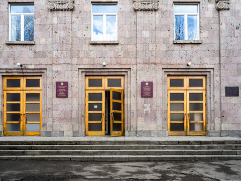 Vanadzor, Armenia - March 21, 2026: entrance to Vanadzor State University After H. Toumanyan in Vanadzor city in Armenia on spring day