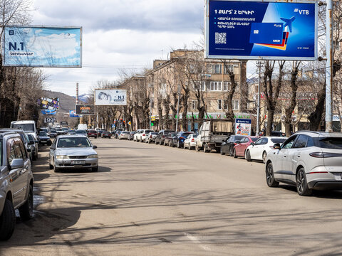 Vanadzor, Armenia - March 21, 2026: view of Tigran Mets Ave in Vanadzor city in Armenia on spring day