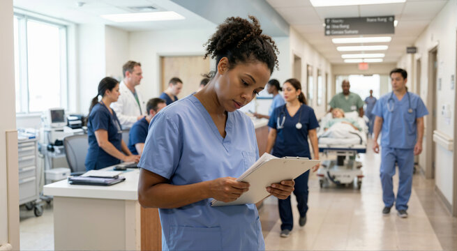 Serious Black female healthcare worker reading a medical chart. Focused nurse in blue scrubs holding a clipboard in a busy hospital corridor