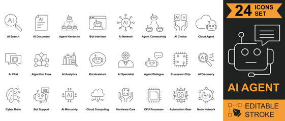 Fototapeta premium AI Agent Line Icons Set with Editable Stroke, Artificial Intelligence, Chatbot, Automation, Machine Learning, Cloud Computing Thin Linear Vector Illustration