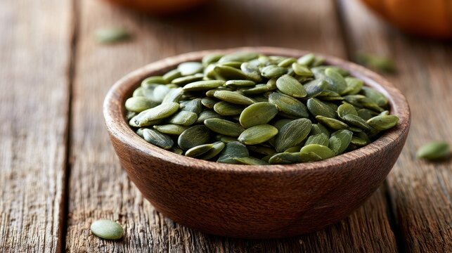 Green Pumpkin Seeds in a Wooden Bowl on Rustic Table