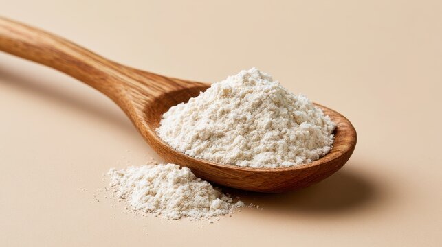 Wooden spoon filled with white flour or protein powder on neutral beige background