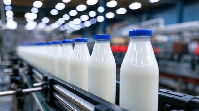 Rows of fresh milk bottles with blue caps on an automated conveyor belt in a modern dairy processing factory