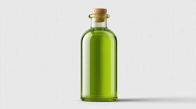 Glass bottle filled with green oil or herbal elixir with cork stopper on light grey background