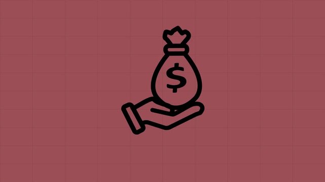 Minimalist animated line icon of a money bag dropping into an open hand on rad grid background.