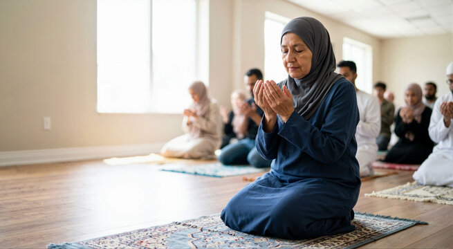 Elderly Muslim woman in hijab praying on a rug. Senior female worshipper making dua with congregation in a bright mosque