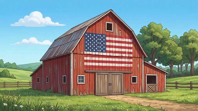 Illustration of a rustic red barn with an American flag painted on its side in a green field