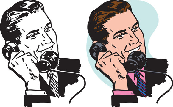A vintage retro illustration of a businessman talking on a vintage telephone receiver. 