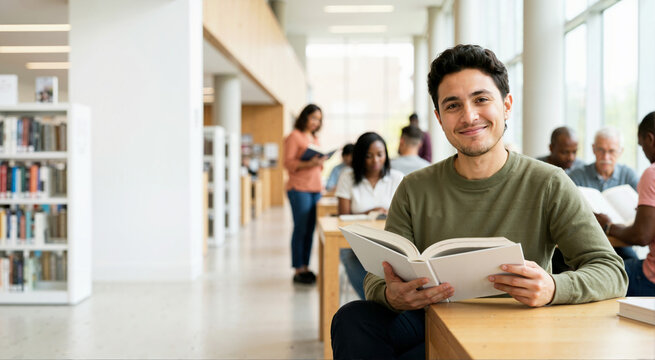 Smiling non-binary student reading a book in a modern library. Young adult studying at a desk with diverse people in the background