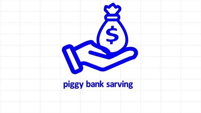 Minimalist line icon animation of money bag appearing on hand with piggy bank sarving text on white grid background.