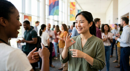 Smiling Asian woman using sign language at a networking event. Deaf female professional communicating with a colleague in a crowded conference hall