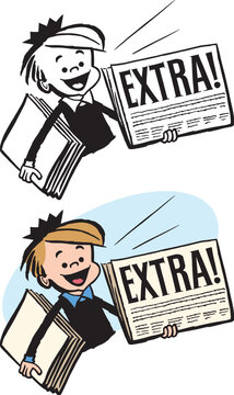 A vintage retro cartoon of a newsboy delivering newspapers with exciting news. 