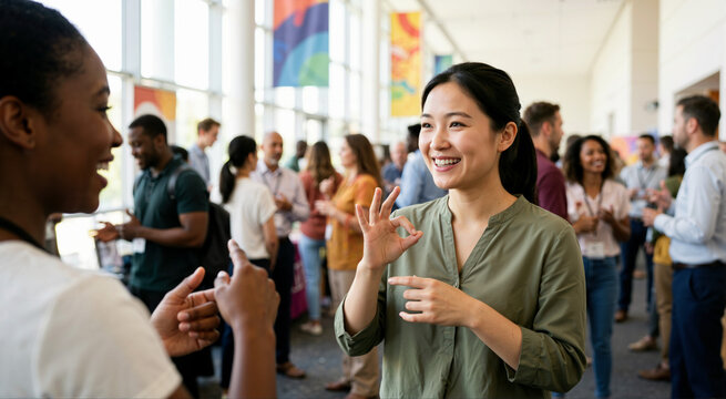 Smiling Asian woman using sign language at a networking event. Deaf female professional communicating with a colleague in a crowded conference hall