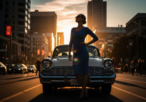 Silhouette of a person standing on a vintage car in a city at sunset