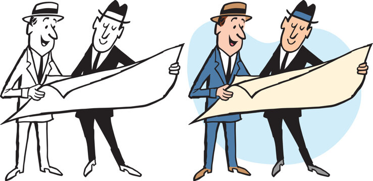 A vintage retro cartoon of two businessmen looking over some plans during a meeting. 