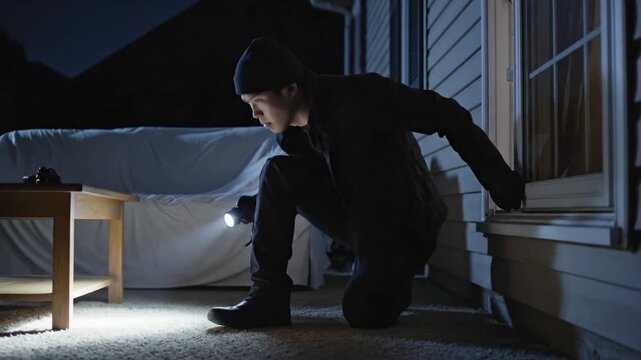 Thief man holds flashlight while opening window at night in residential area