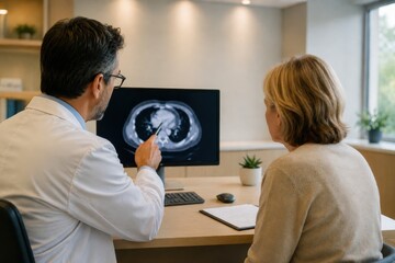 Naklejka premium Specialist Reviewing Blurred Scan With Patient