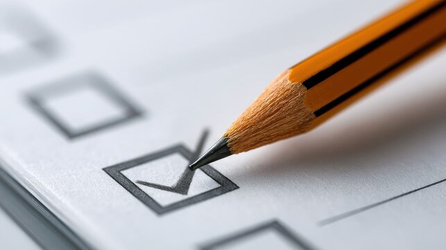 Close-up of a pencil marking a check box on a survey form or checklist
