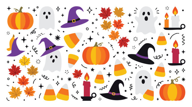 Halloween elements set with pumpkins ghosts witch hats candy corn candles and autumn leaves.