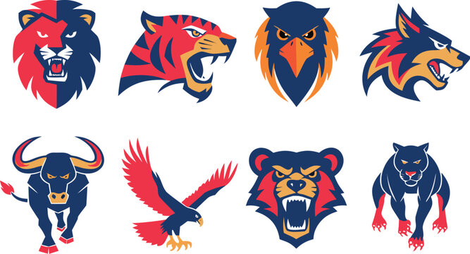 Set of wild animal head logos in black and red isolated on transparent background, Vector