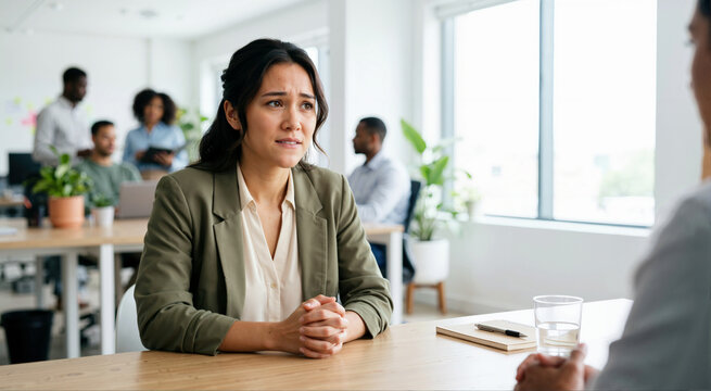 Nervous young woman sitting at a desk during a job interview. Anxious female candidate with clasped hands in a modern office meeting