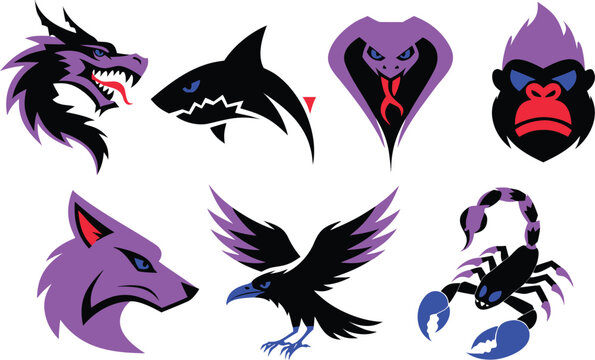 Set of black fitness and animal mascot icons isolated on transparent background, Vector