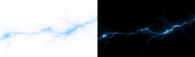 Electric blue lightning bolt with glowing plasma energy and a bright flash. A powerful thunderstorm effect on a transparent background. Image in PNG format. © lolita PnG