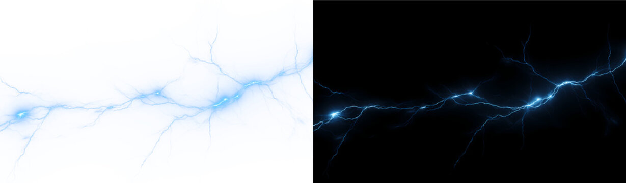 Electric blue lightning bolt with glowing plasma energy and a bright flash. A powerful thunderstorm effect on a transparent background. Image in PNG format.