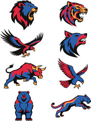 Fototapeta premium Set of wild animal head icons with glowing red eyes isolated on transparent background, Vector