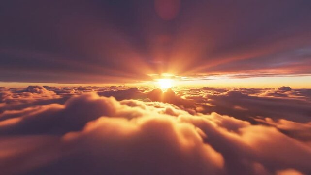Flight above the clouds captures sunset colors and cloud formations from a high perspective