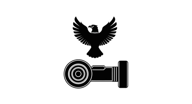 Majestic eagle soaring above a modern camera lens icon. Vector graphic representing photography, vision, freedom, and perspective.
