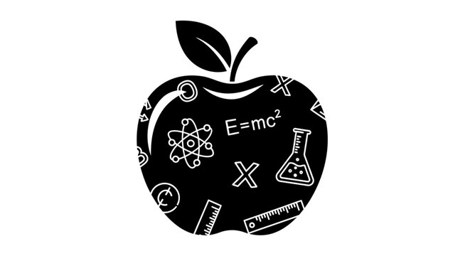 Educational apple icon with science symbols: atom, E=mc&sup2;, flask, ruler. Concept of learning, knowledge, STEM, and discovery.