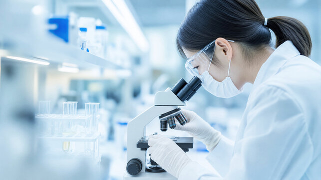 研究室で顕微鏡を使って観察する白衣の女性研究員