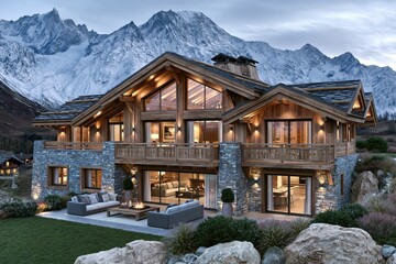 Obraz premium Luxurious wooden chalet nestled against majestic snow-capped mountains, featuring modern amenities and stunning outdoor living spaces.