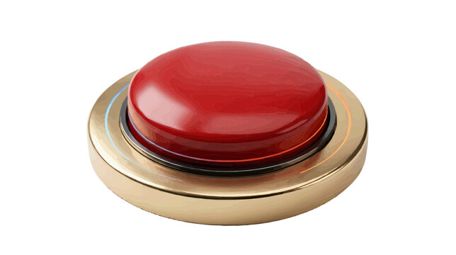 Vector illustration of shiny red emergency button with gold metallic base on a transparent background