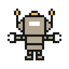Fototapeta premium Cute pixel art minimal robot toy character with 8-bit retro gaming style cyborg cartoon.