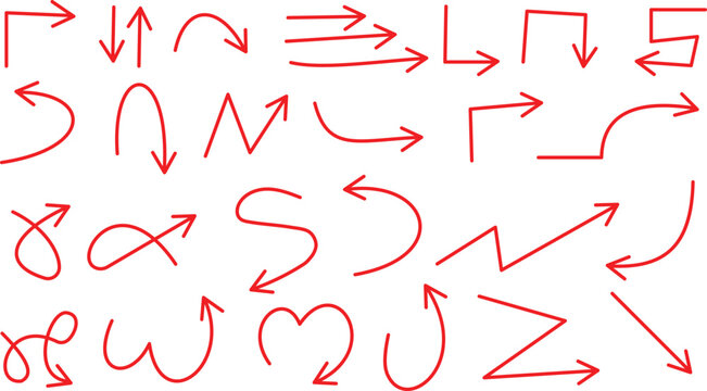 Collection of red hand-drawn arrows with angular and curved shapes on a white background, for infographics and, creative projects