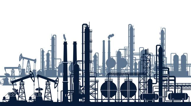 Dark blue vector illustration of industrial oil refinery complex with tall pipes and pump jacks