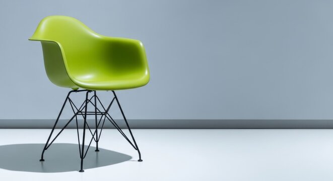 Vibrant green Eames-style chair with black Eiffel legs on a white floor, set against a minimalist gray wall with ample copy space for design.