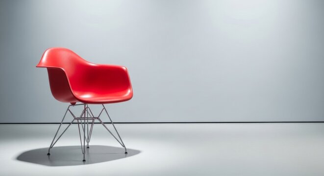 Vibrant red Eames-style designer chair with wire Eiffel legs in a minimalist gallery setting with ample copy space